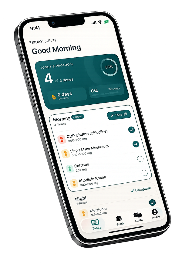 Suplagen app showing today's supplement plan