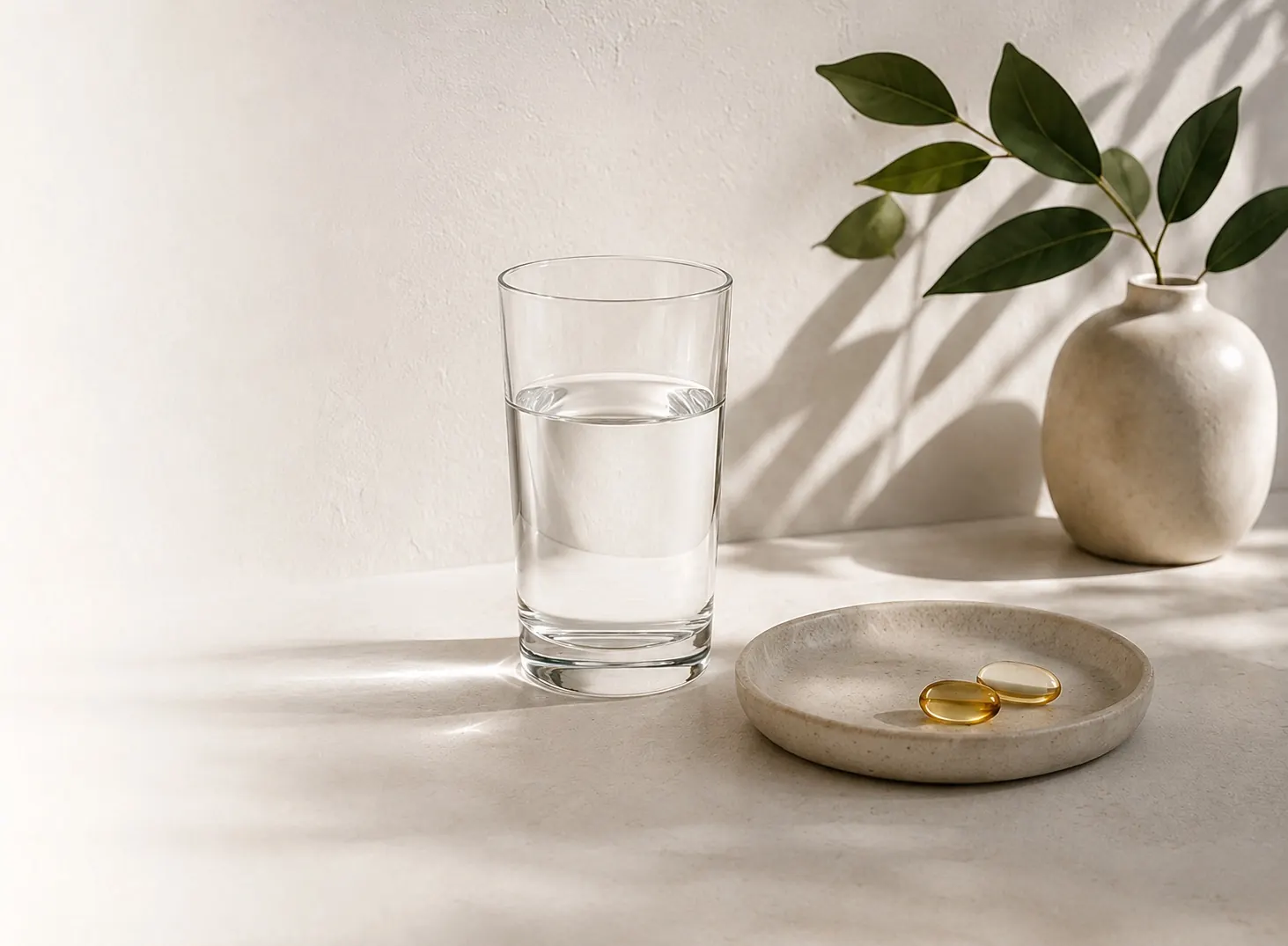 Glass of water beside a ceramic tray with two supplement capsules in warm light